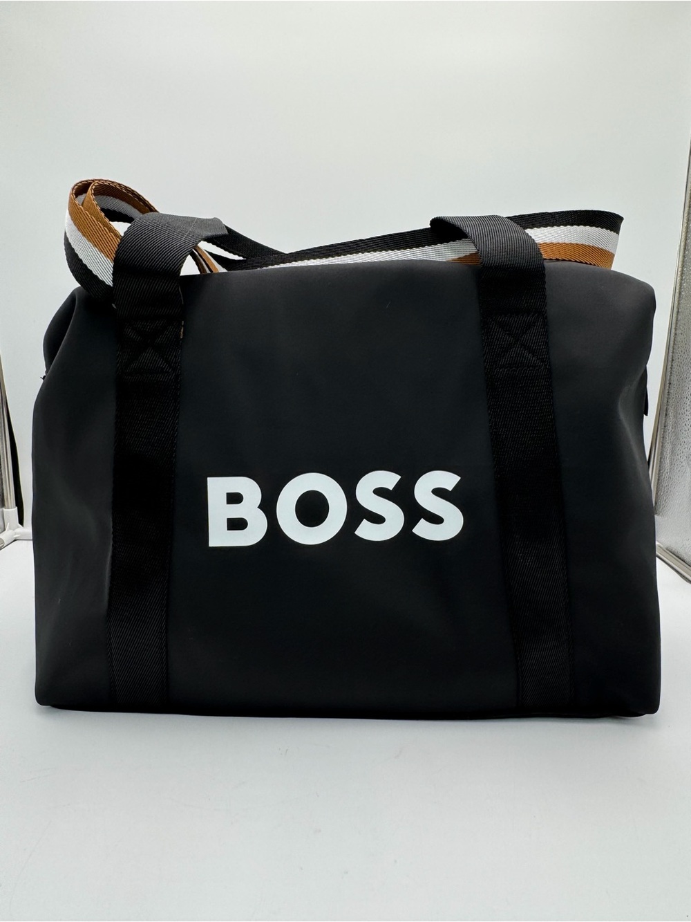 Hugo BOSS Parfums Black Weekender Duffel Travel Gym Bag Striped Handles Zip Tote